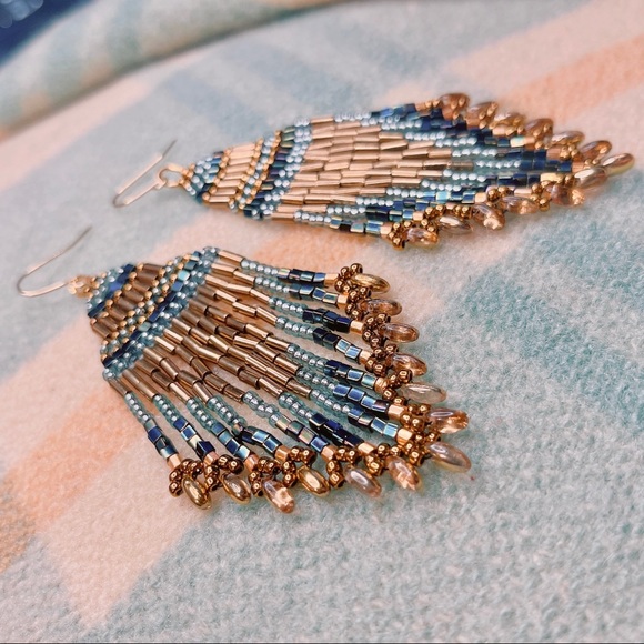 Beaded fringe earrings, new, light teal and bronze boho beaded earrings. - Picture 2 of 2